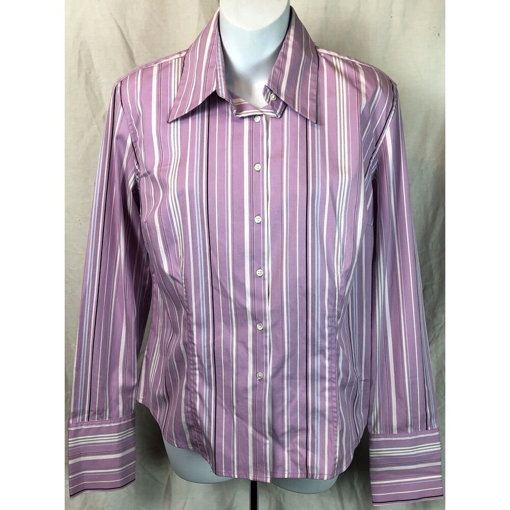 Vintage Y2K Express Top Blouse 12 Purple Stripe ButtonUp LongSleeve Career Cyber